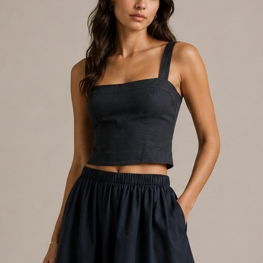 Quince Fitted Tank 100% European Linen Resort Luxe Stretch Trip Black Large NWT